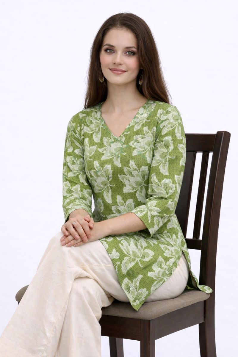 Verdant Bloom Square-Neck Cotton Floral Top