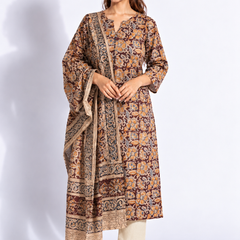 Brown Printed Cotton Kurta Set with Dupatta