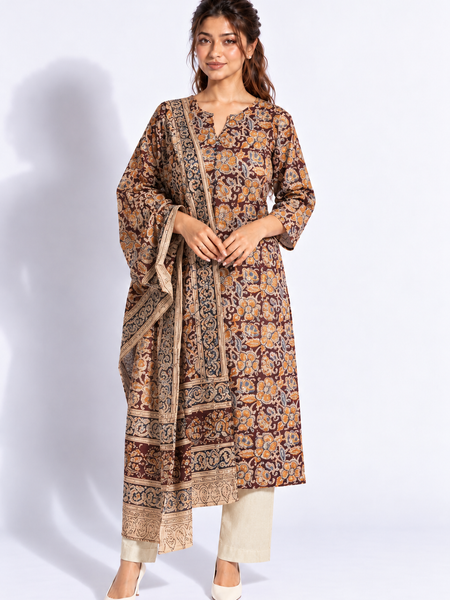 Brown Printed Cotton Kurta Set with Dupatta