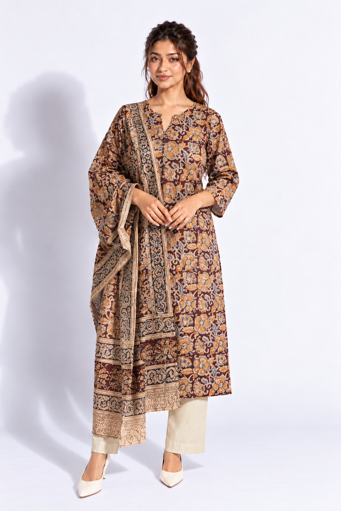 Brown Printed Cotton Kurta Set with Dupatta