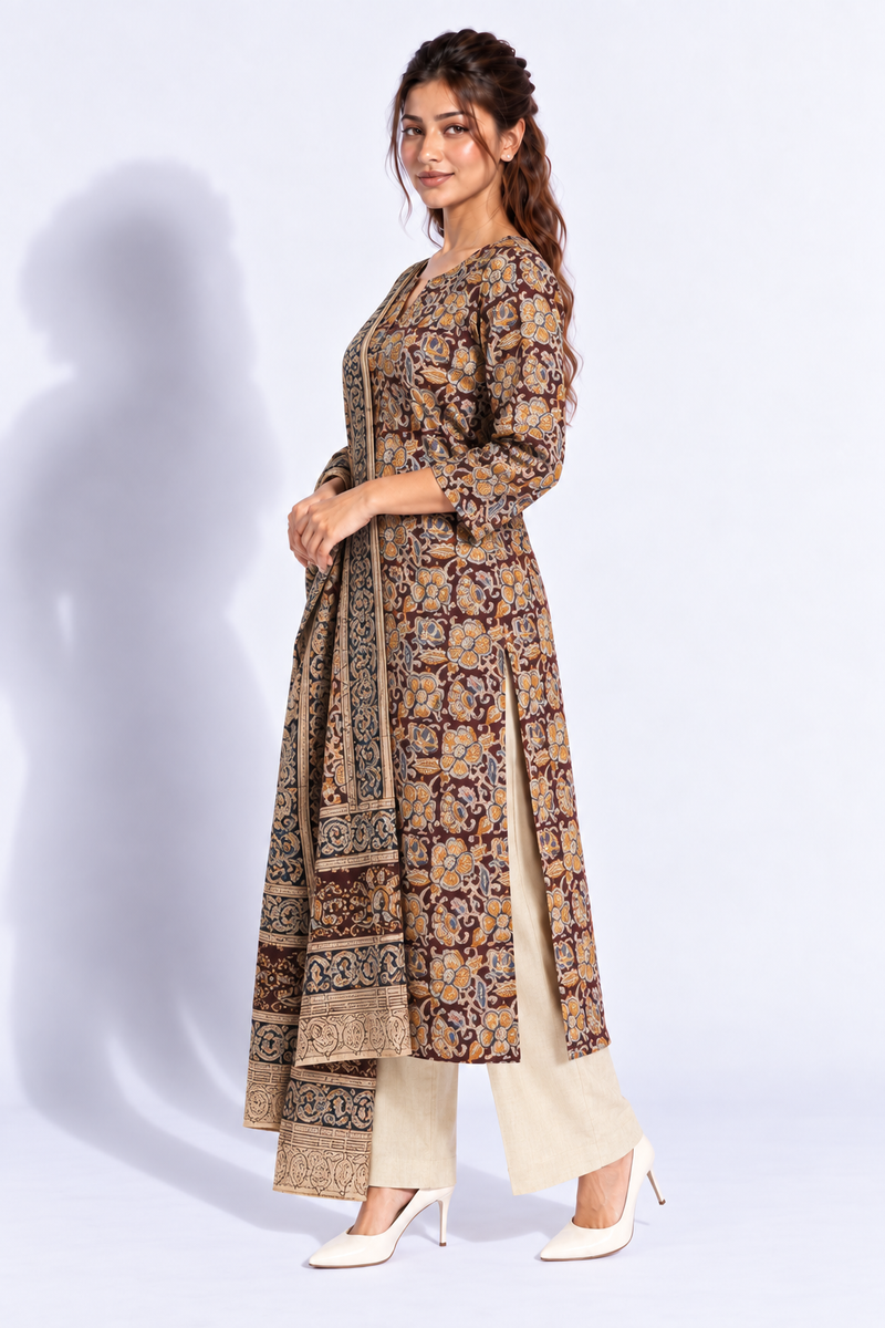 Brown Printed Cotton Kurta Set with Dupatta