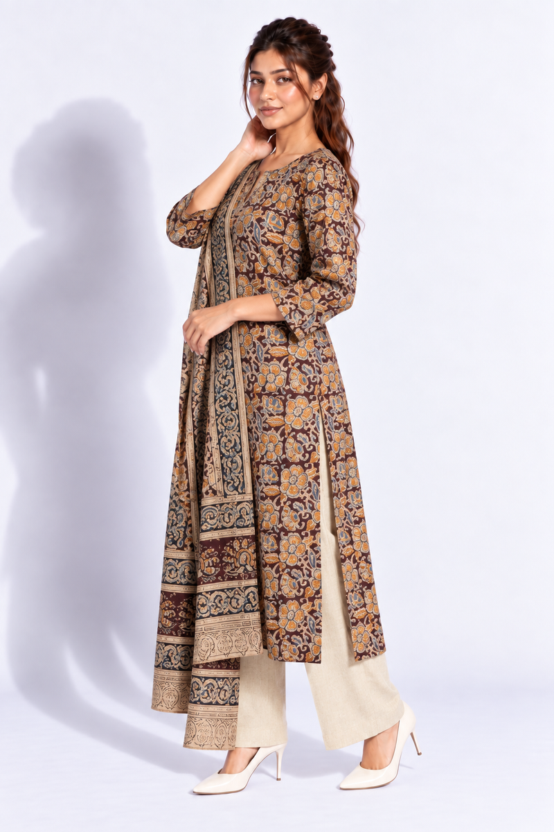 Brown Printed Cotton Kurta Set with Dupatta