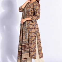 Brown Printed Cotton Kurta Set with Dupatta