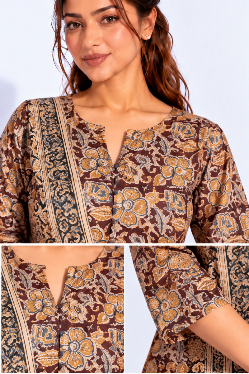 Brown Printed Cotton Kurta Set with Dupatta