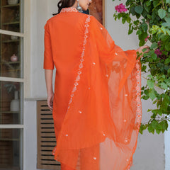Women’s Orange Embroidered Kurta Pant Set with Organza Dupatta – Ethnic Suit Set