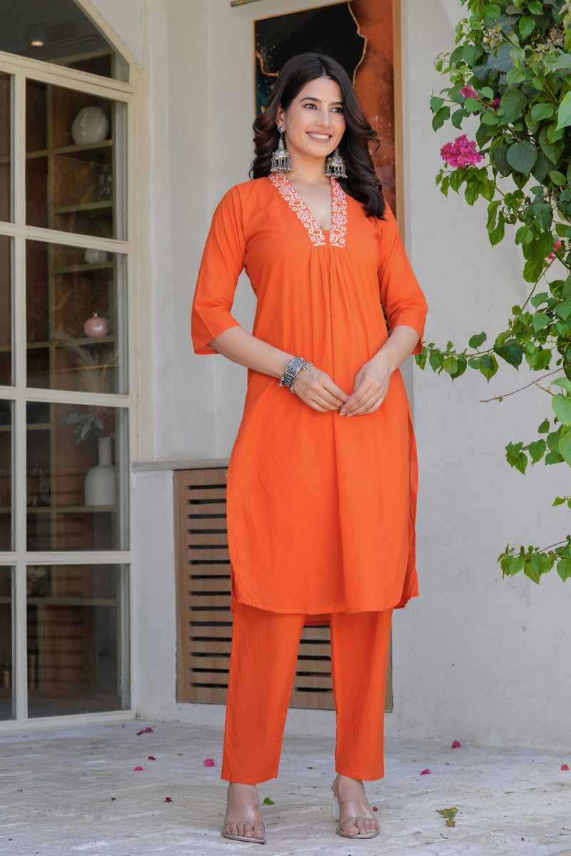 Women’s Orange Embroidered Kurta Pant Set with Organza Dupatta – Ethnic Suit Set