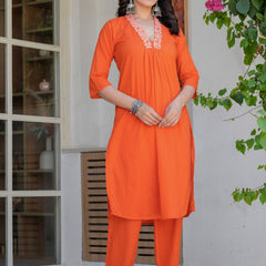 Women’s Orange Embroidered Kurta Pant Set with Organza Dupatta – Ethnic Suit Set