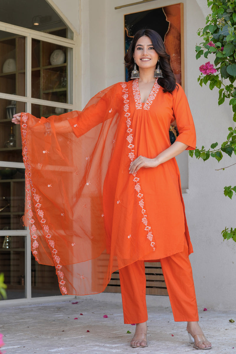 Women’s Orange Embroidered Kurta Pant Set with Organza Dupatta – Ethnic Suit Set