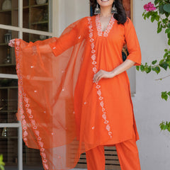 Women’s Orange Embroidered Kurta Pant Set with Organza Dupatta – Ethnic Suit Set