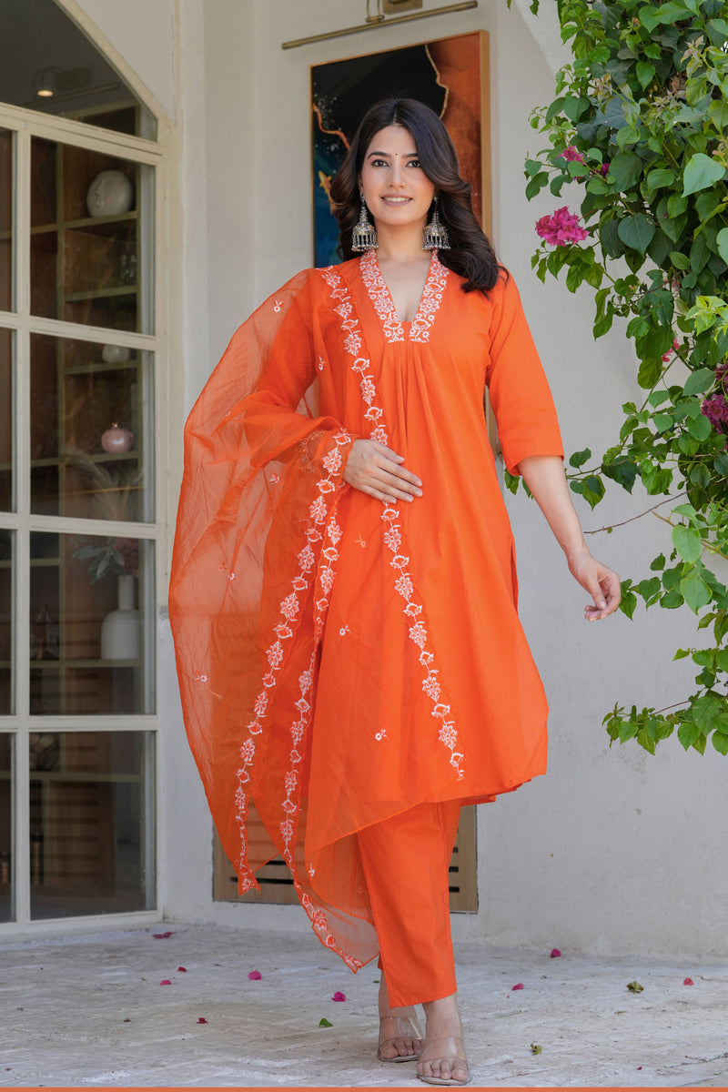 Women’s Orange Embroidered Kurta Pant Set with Organza Dupatta – Ethnic Suit Set