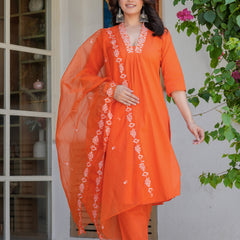 Women’s Orange Embroidered Kurta Pant Set with Organza Dupatta – Ethnic Suit Set