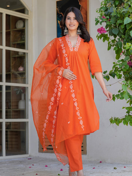 Women’s Orange Embroidered Kurta Pant Set with Organza Dupatta – Ethnic Suit Set