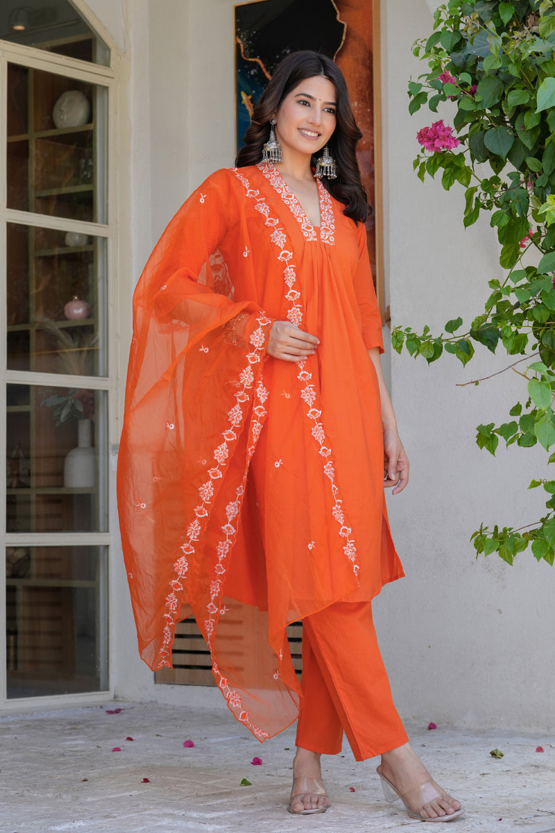 Women’s Orange Embroidered Kurta Pant Set with Organza Dupatta – Ethnic Suit Set