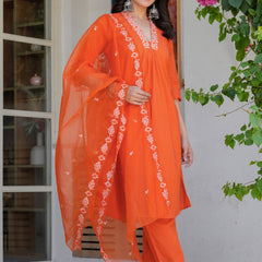 Women’s Orange Embroidered Kurta Pant Set with Organza Dupatta – Ethnic Suit Set