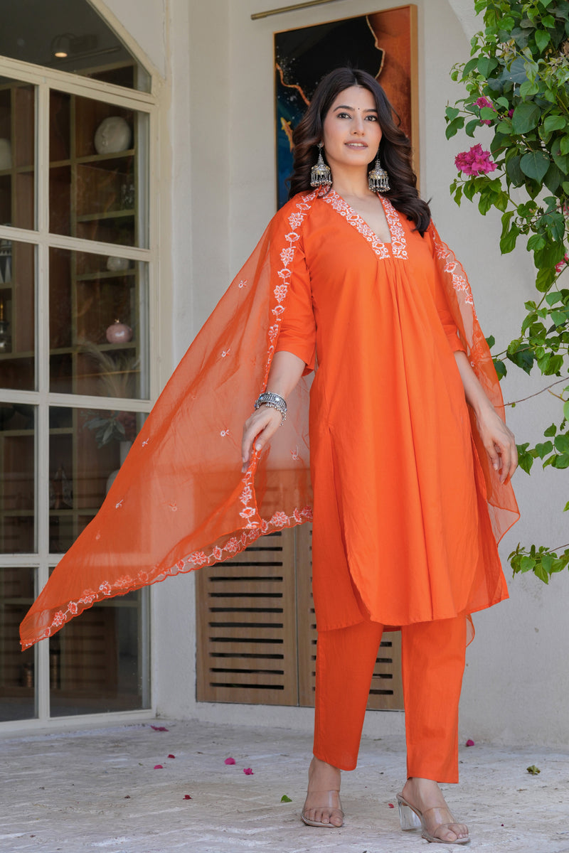 Women’s Orange Embroidered Kurta Pant Set with Organza Dupatta – Ethnic Suit Set