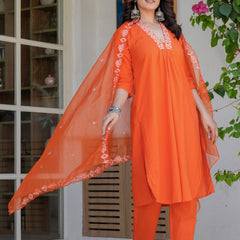Women’s Orange Embroidered Kurta Pant Set with Organza Dupatta – Ethnic Suit Set