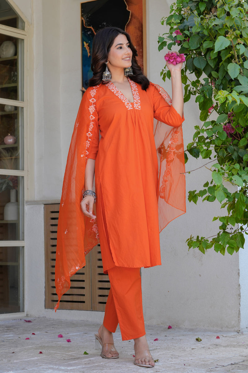 Women’s Orange Embroidered Kurta Pant Set with Organza Dupatta – Ethnic Suit Set