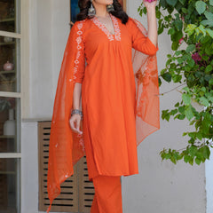 Women’s Orange Embroidered Kurta Pant Set with Organza Dupatta – Ethnic Suit Set