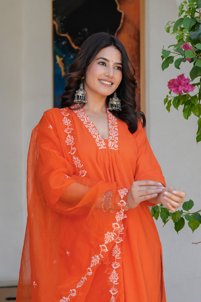 Women’s Orange Embroidered Kurta Pant Set with Organza Dupatta – Ethnic Suit Set