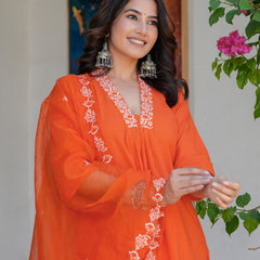 Women’s Orange Embroidered Kurta Pant Set with Organza Dupatta – Ethnic Suit Set