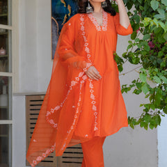 Women’s Orange Embroidered Kurta Pant Set with Organza Dupatta – Ethnic Suit Set