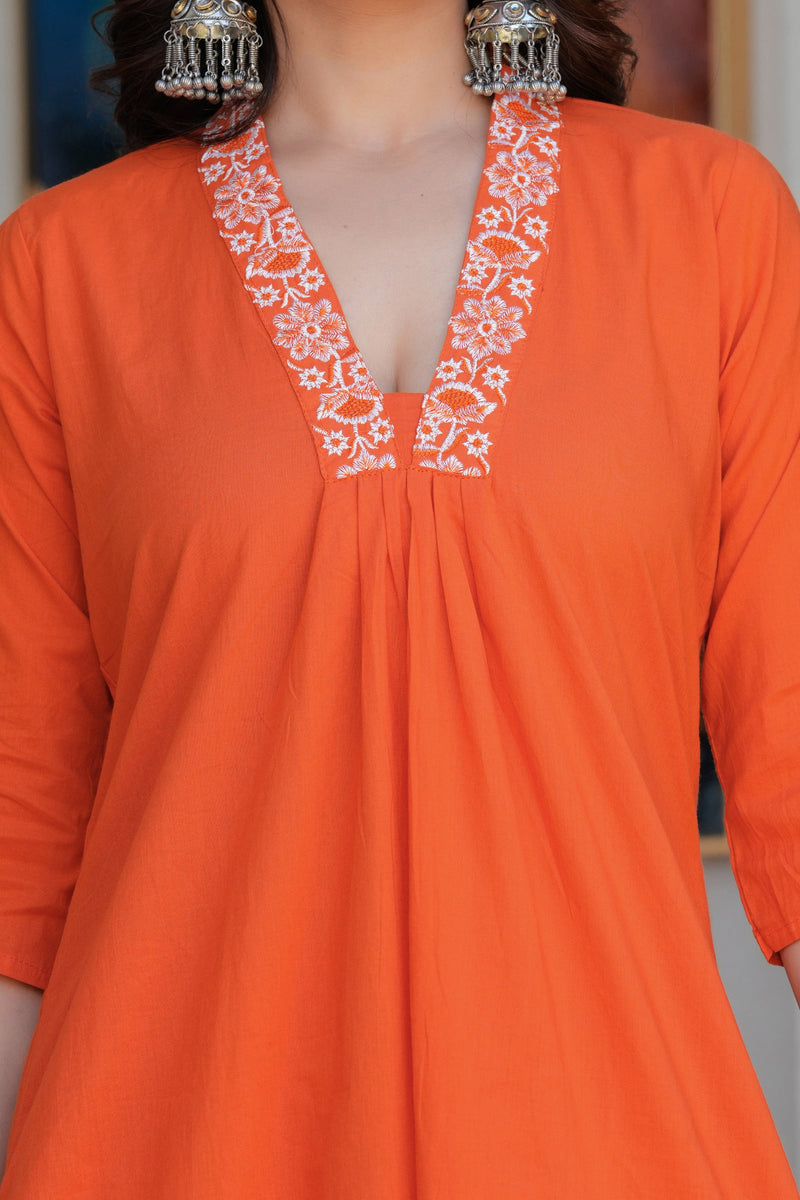 Women’s Orange Embroidered Kurta Pant Set with Organza Dupatta – Ethnic Suit Set
