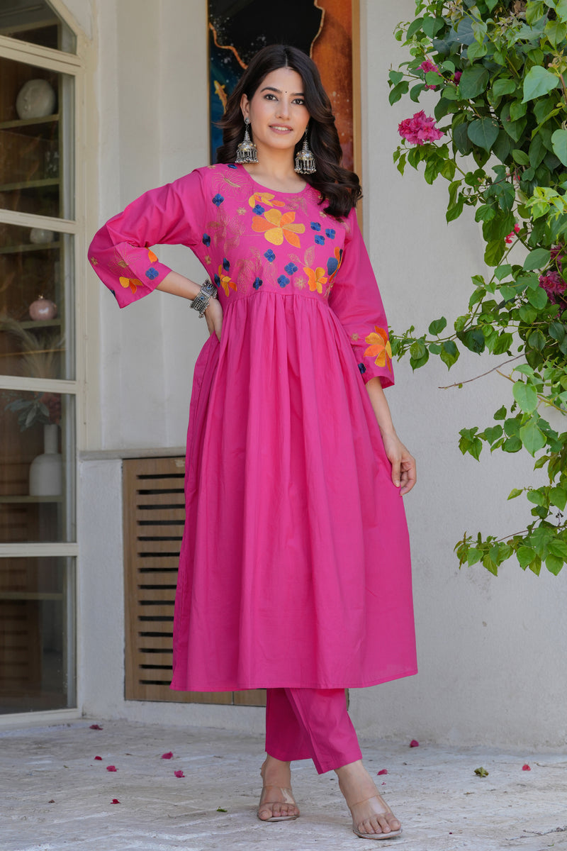 Rani Radiance Embroidered Cotton Kurta Pant Set with Printed Dupatta