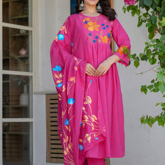 Rani Radiance Embroidered Cotton Kurta Pant Set with Printed Dupatta