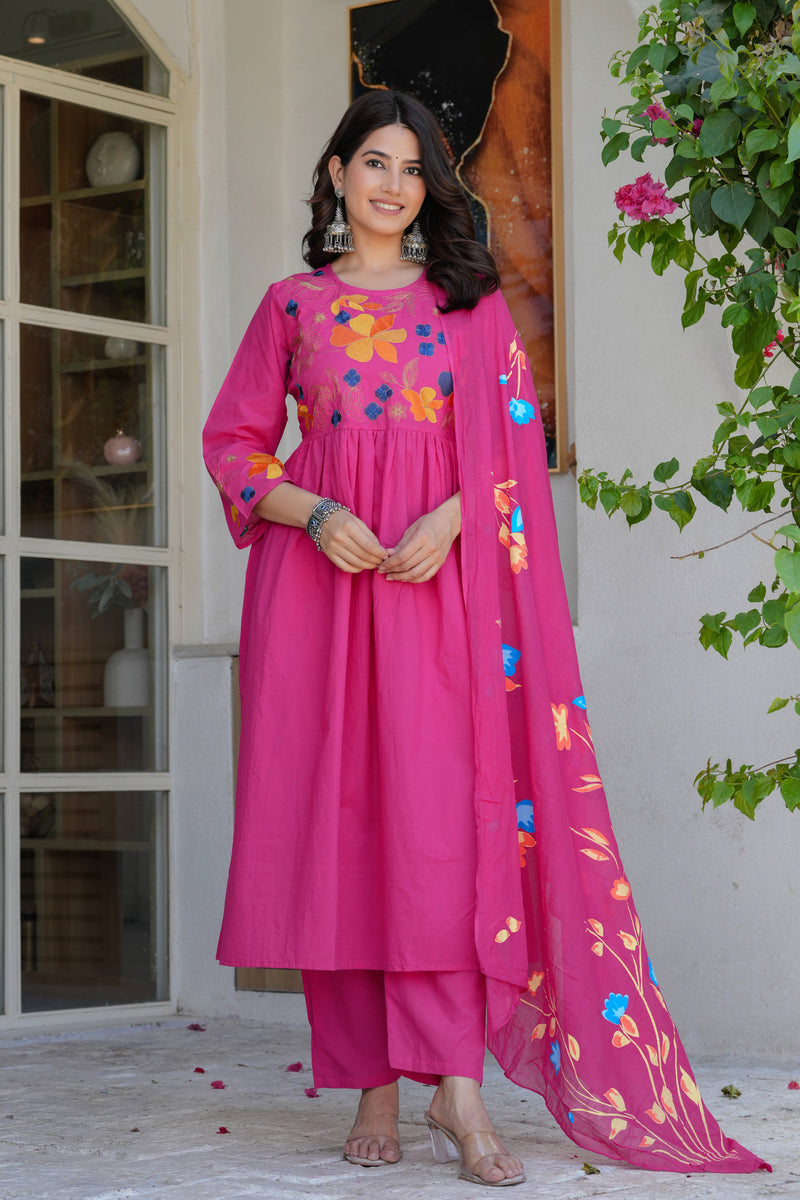 Rani Radiance Embroidered Cotton Kurta Pant Set with Printed Dupatta