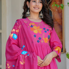 Rani Radiance Embroidered Cotton Kurta Pant Set with Printed Dupatta