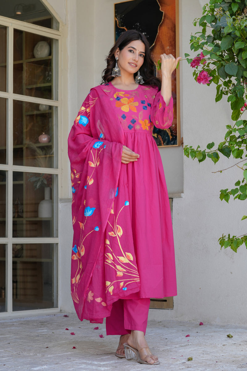 Rani Radiance Embroidered Cotton Kurta Pant Set with Printed Dupatta