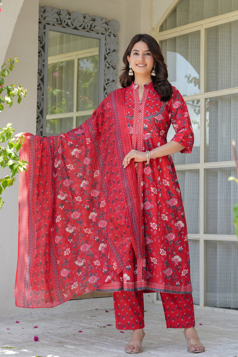 Red Heritage Floral Kurta & Pant Set