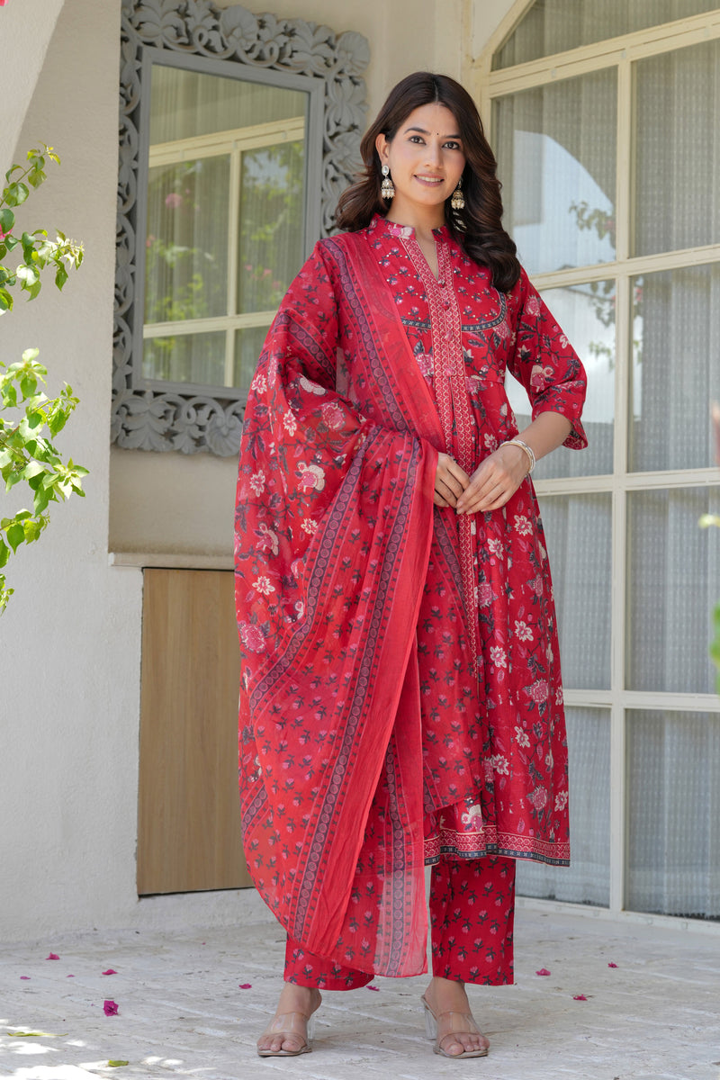 Red Heritage Floral Kurta & Pant Set