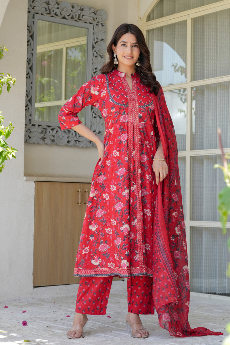 Red Heritage Floral Kurta & Pant Set