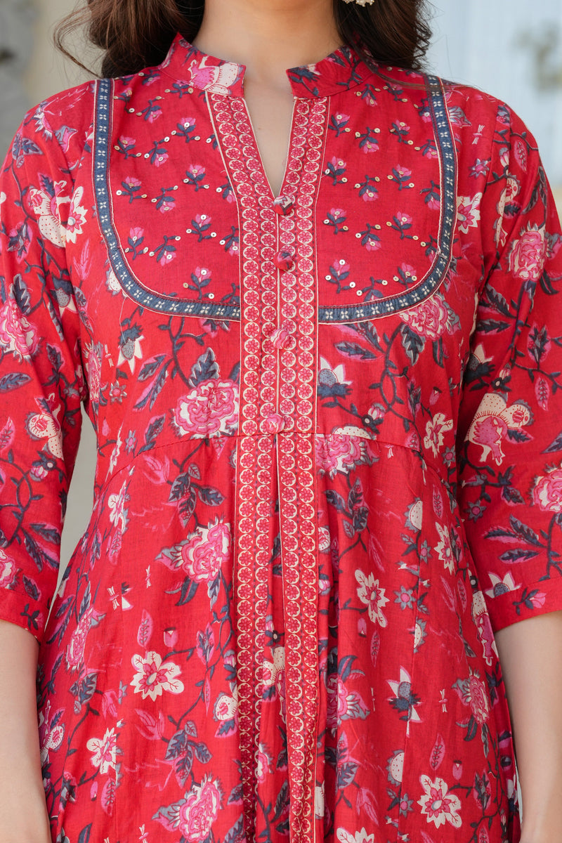 Red Heritage Floral Kurta & Pant Set
