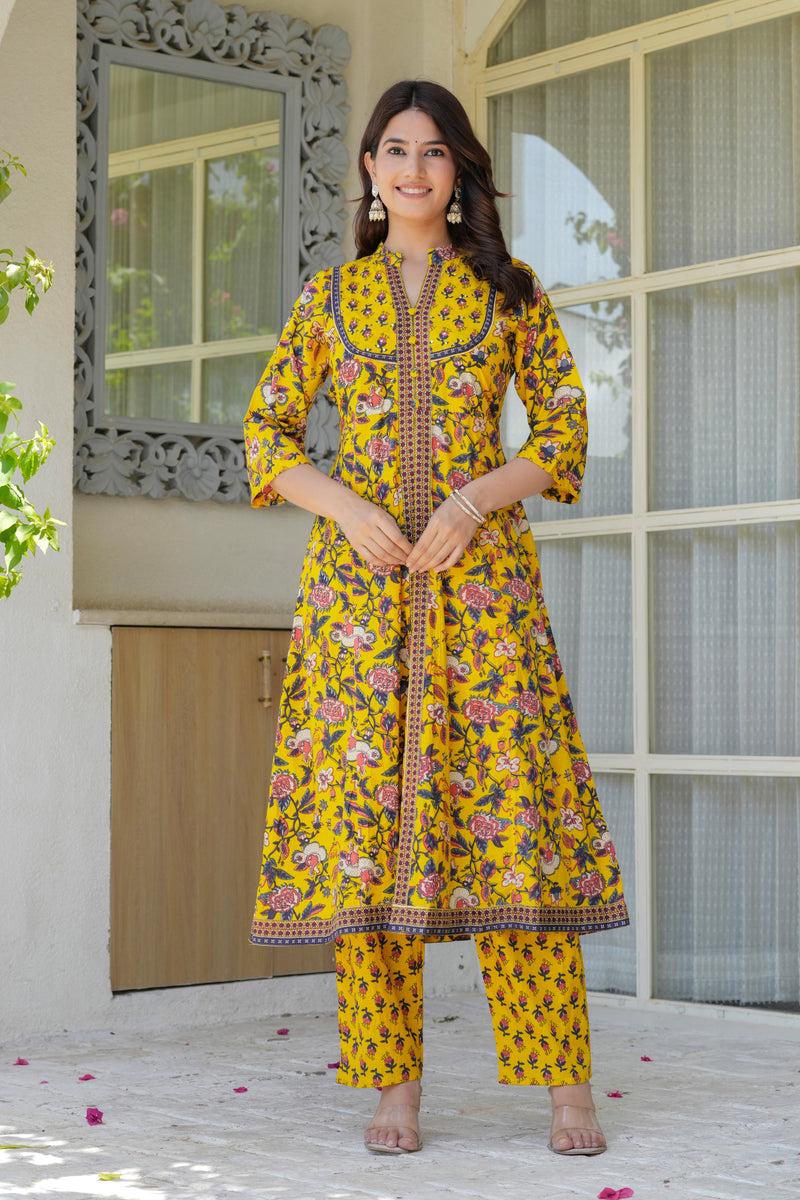 Sunshine Bloom Embroidered & Printed Cotton Kurta Palazzo Set with Dupatta