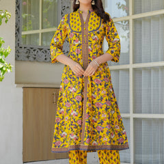 Sunshine Bloom Embroidered & Printed Cotton Kurta Palazzo Set with Dupatta