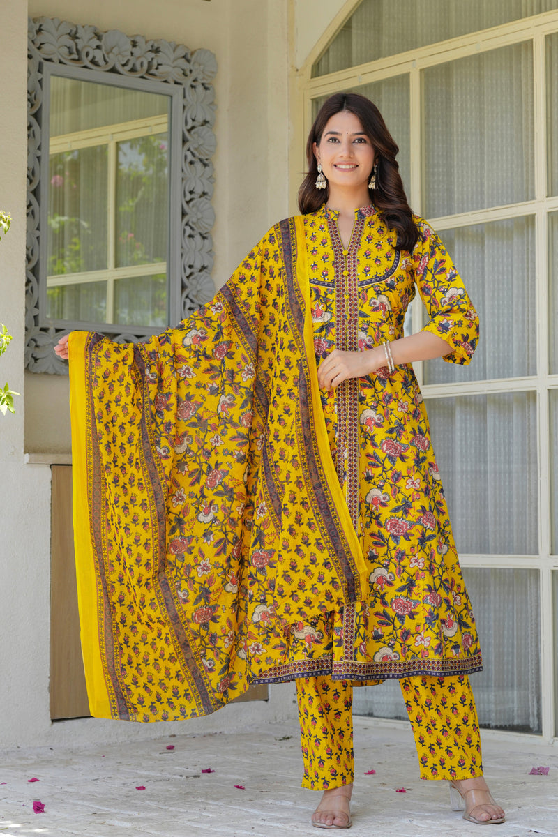 Sunshine Bloom Embroidered & Printed Cotton Kurta Palazzo Set with Dupatta
