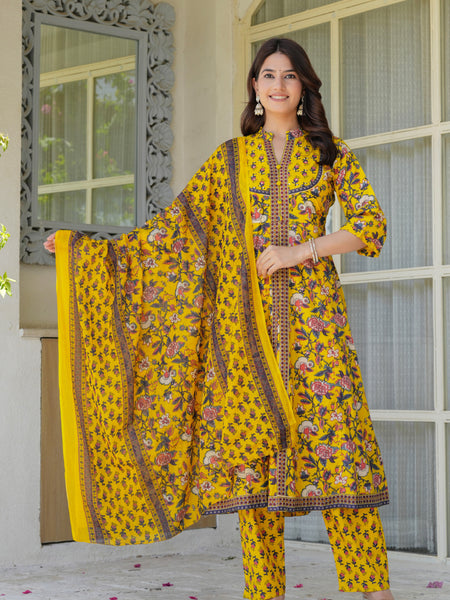 Sunshine Bloom Embroidered & Printed Cotton Kurta Palazzo Set with Dupatta