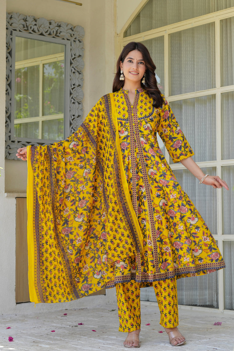 Sunshine Bloom Embroidered & Printed Cotton Kurta Palazzo Set with Dupatta