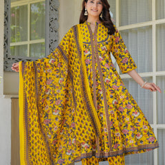 Sunshine Bloom Embroidered & Printed Cotton Kurta Palazzo Set with Dupatta
