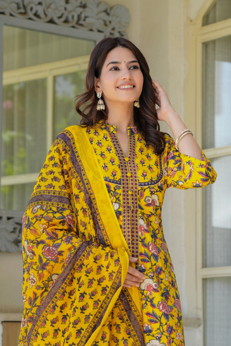 Sunshine Bloom Embroidered & Printed Cotton Kurta Palazzo Set with Dupatta