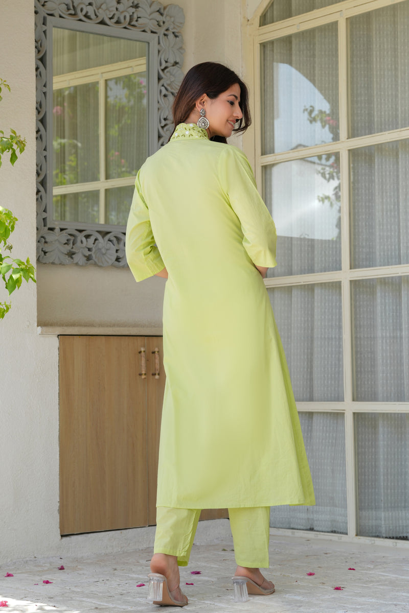 Lime Aura Embellished Cotton Kurta Pant Set with Sheer Dupatta