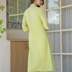 Lime Aura Embellished Cotton Kurta Pant Set with Sheer Dupatta