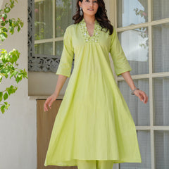 Lime Aura Embellished Cotton Kurta Pant Set with Sheer Dupatta