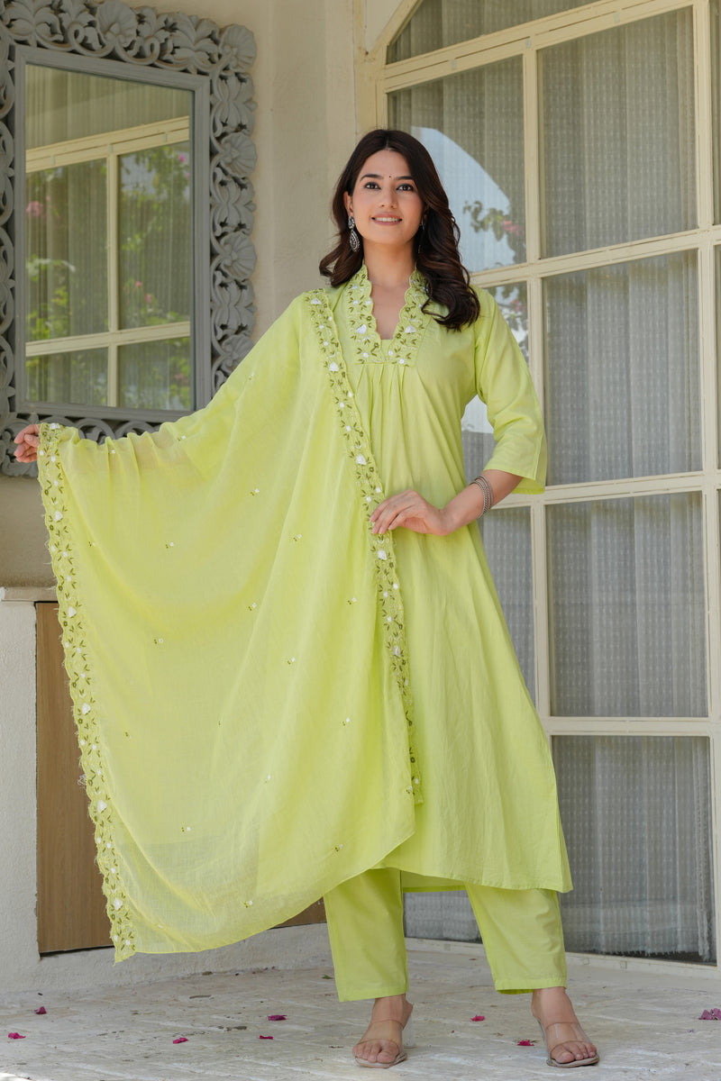 Lime Aura Embellished Cotton Kurta Pant Set with Sheer Dupatta
