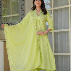 Lime Aura Embellished Cotton Kurta Pant Set with Sheer Dupatta