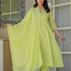 Lime Aura Embellished Cotton Kurta Pant Set with Sheer Dupatta