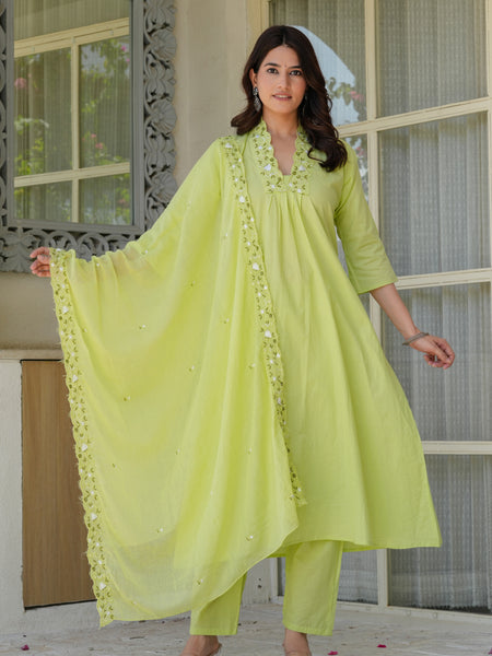 Lime Aura Embellished Cotton Kurta Pant Set with Sheer Dupatta