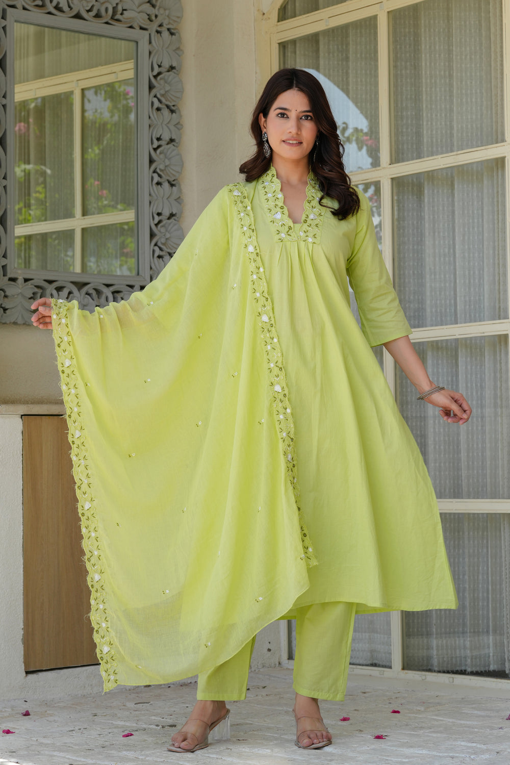 Lime Aura Embellished Cotton Kurta Pant Set with Sheer Dupatta